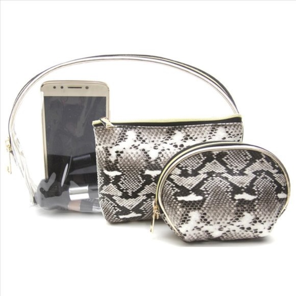 Handbags - Snake Print & Clear Cosmetic Cases -Set of 3